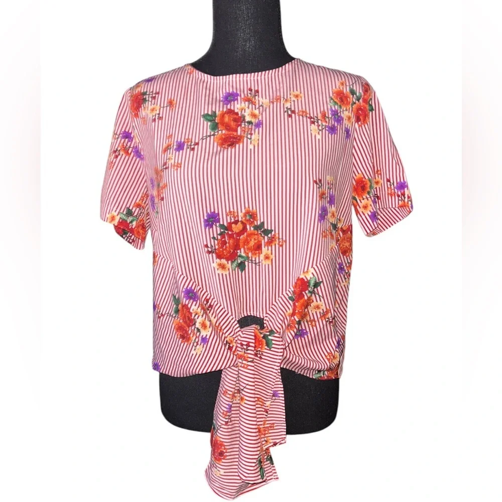 Blueh Ciel Red Summer Light And Airy Tie Up Floral Blouse - Picture 2 of 5